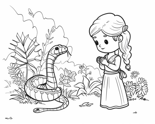 coloring page of Eve speaking to the serpent in the garden of Eden