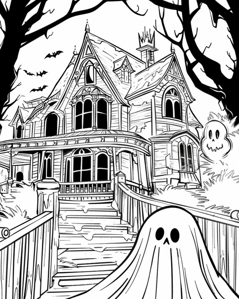 ghost and a haunted house coloring page