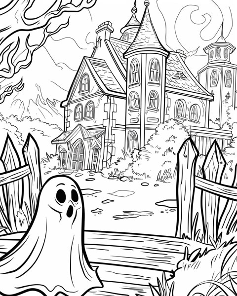 ghost and a haunted house coloring page