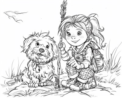 coloring page of a girl and a dog