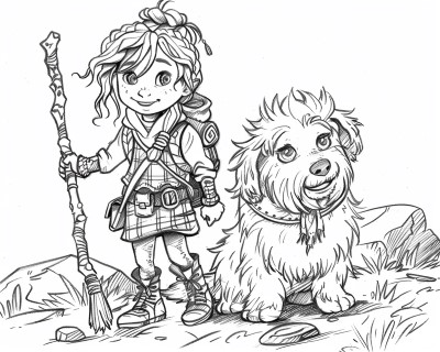 coloring page of a girl and a dog