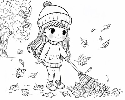 girl raking leaves coloring page