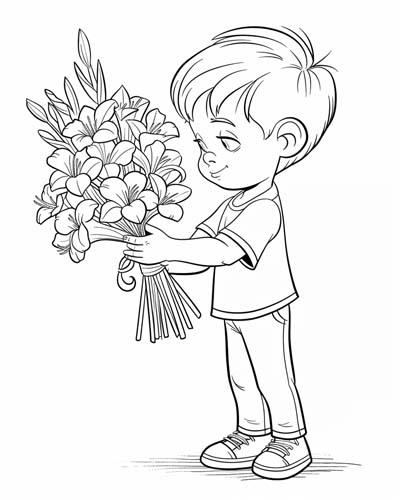 coloring page of a boy holding a bouquet of gladiolus flowers