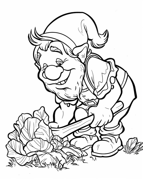 coloring page of a gnome collecting the harvest