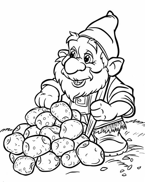 coloring page of a gnome collecting the harvest