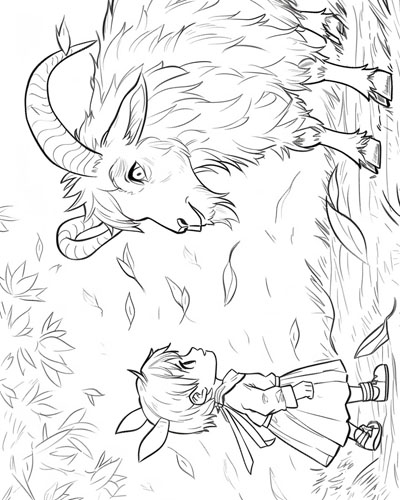 coloring page of a child and their goat