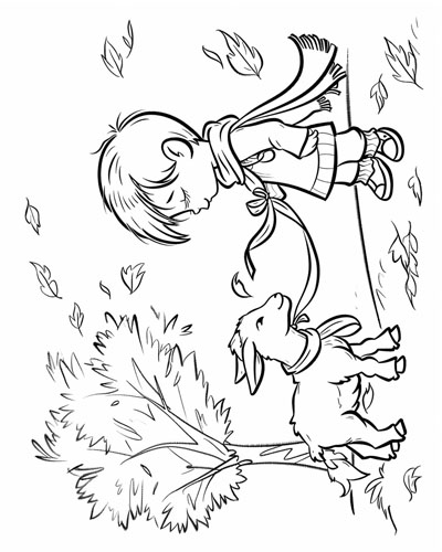 coloring page of a child and their goat