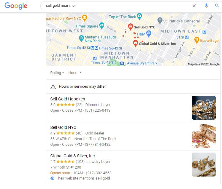 Google search results for "sell gold near me" for New York