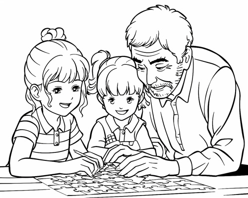 coloring page of grandpa making a puzzle with his grandkids