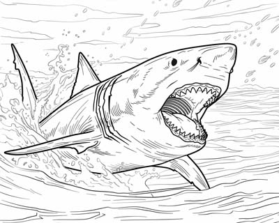 coloring page of a great white shark surfacing