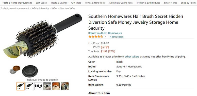 Southern Homewares Hair Brush Secret Hidden Diversion Safe