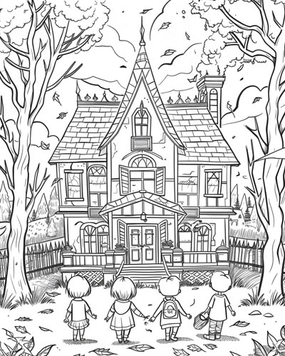 coloring page of children looking at a haunted house