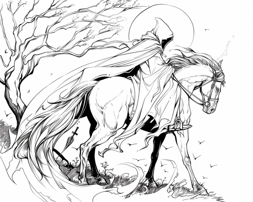 coloring page of the Headless Horseman riding through the forest