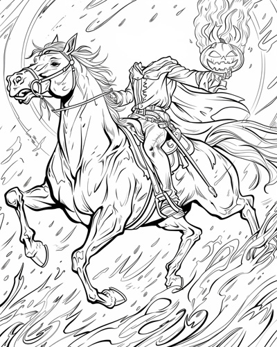 coloring page of the headless horseman throwing a pumpkin