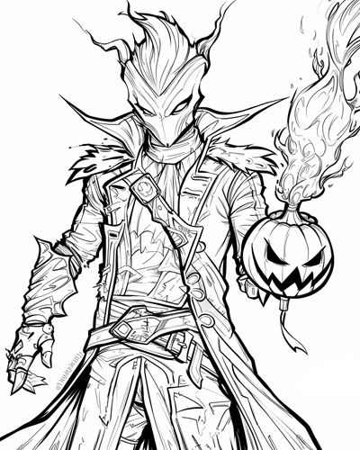 coloring page of the headless horseman throwing a pumpkin