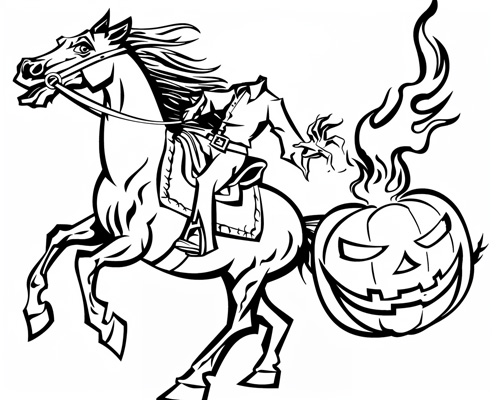 coloring page of the headless horseman throwing a pumpkin