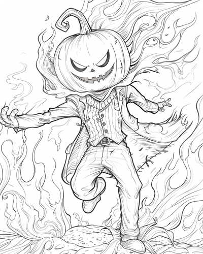 coloring page of the Headless Horseman with a jack-o-lantern head