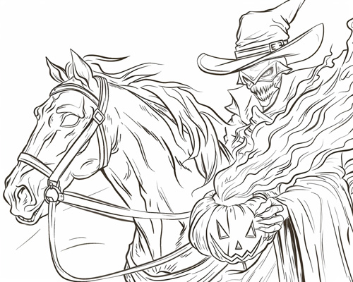 coloring page of the headless horseman throwing a pumpkin