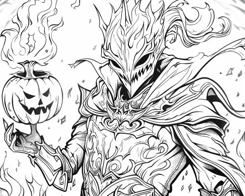 coloring page of the headless horseman throwing a pumpkin