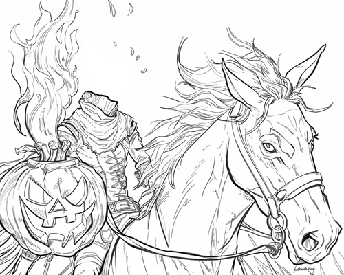 coloring page of the Headless Horseman holding his pumpkin head