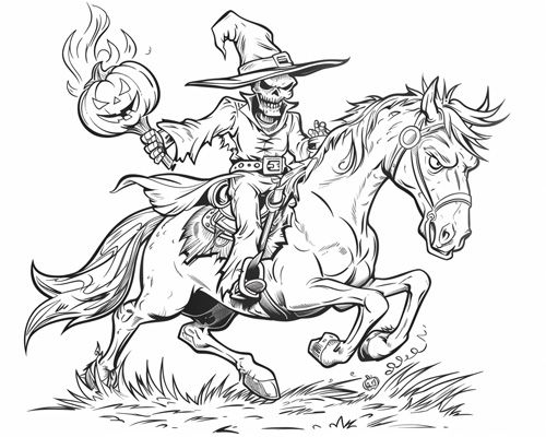 coloring page of the headless horseman throwing a pumpkin