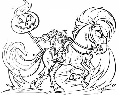 coloring page of the Headless Horseman riding his horse