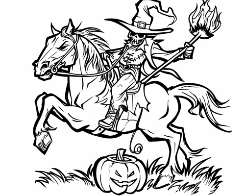 coloring page of the Headless Horseman riding his horse