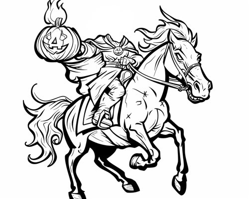 coloring page of the headless horseman throwing a pumpkin