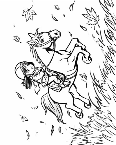 coloring page of a child and their horse