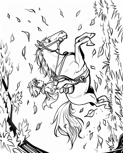 coloring page of a child and their horse