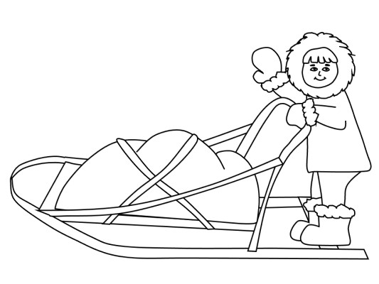 dog sled and inuit boy coloring page