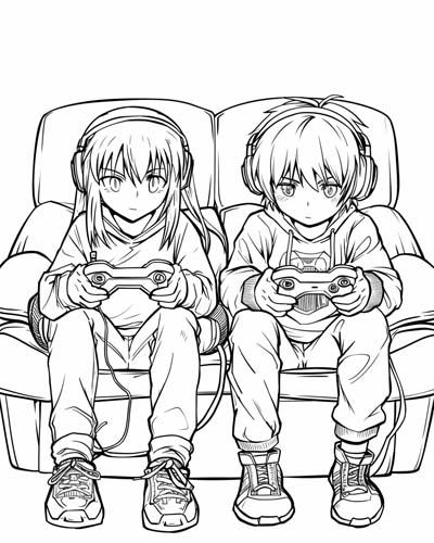 coloring page of kids playing video games