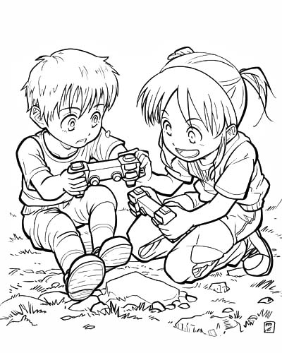 coloring page of kids playing video games