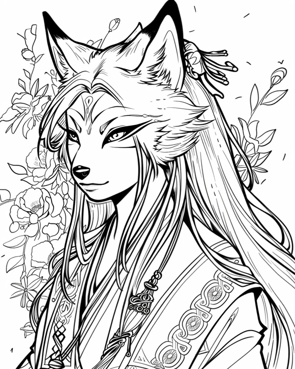 coloring page of a female kitsune