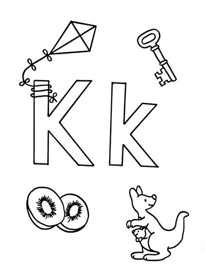 What begins with K k coloring page