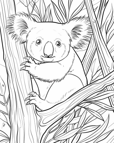 coloring page of a koala and eucalyptus