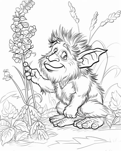 coloring page of a troll and larkspur flowers