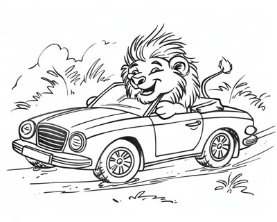 coloring page of a lion driving a car