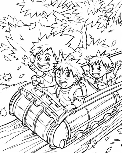 coloring page of children on a log ride