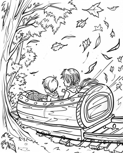 coloring page of children on a log ride