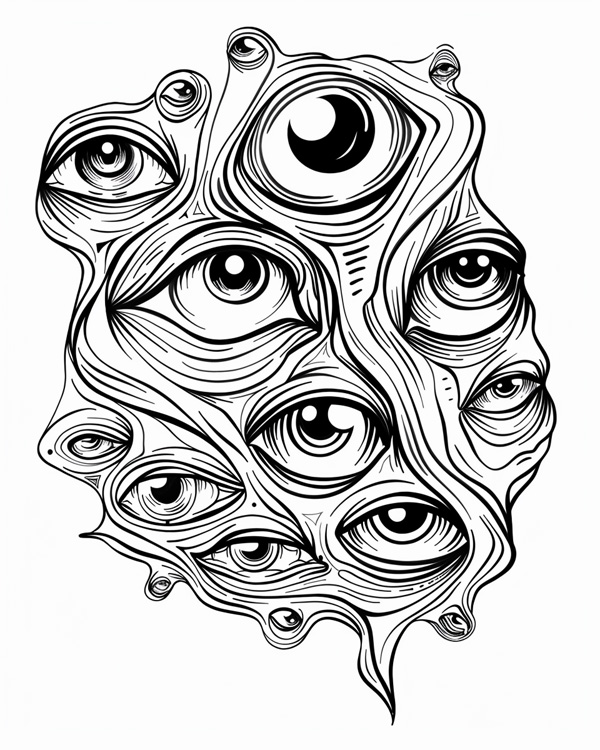 coloring page of a Halloween monsters with many eyes