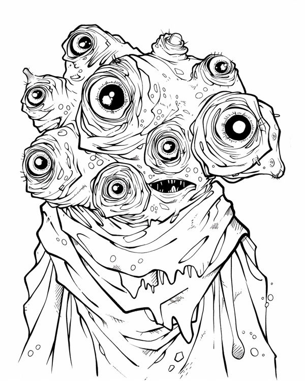 coloring page of a Halloween monsters with many eyes