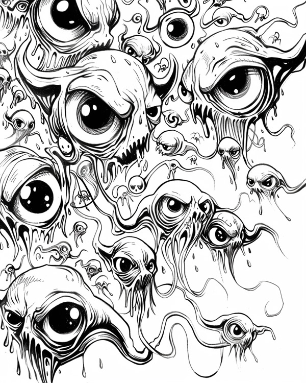 coloring page of a Halloween monsters with many eyes