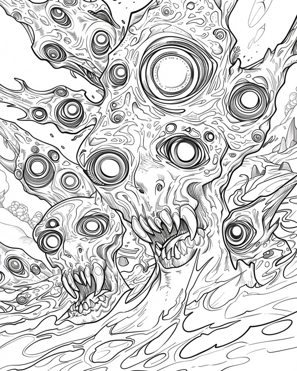 coloring page of a Halloween monsters with many eyes