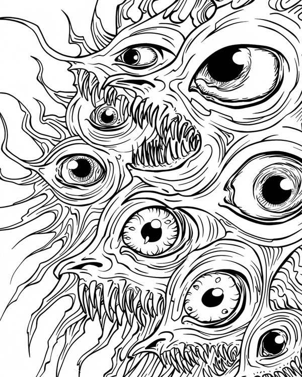 coloring page of a Halloween monsters with many eyes