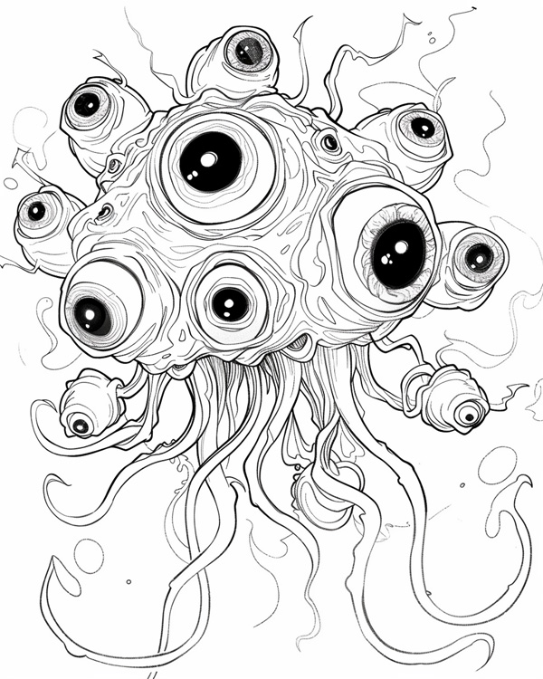 coloring page of a Halloween monsters with many eyes