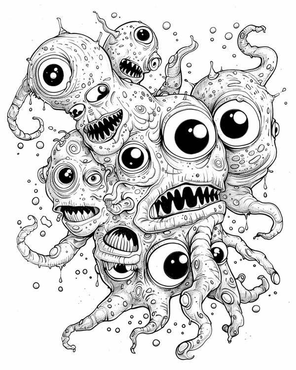 coloring page of a Halloween monsters with many eyes