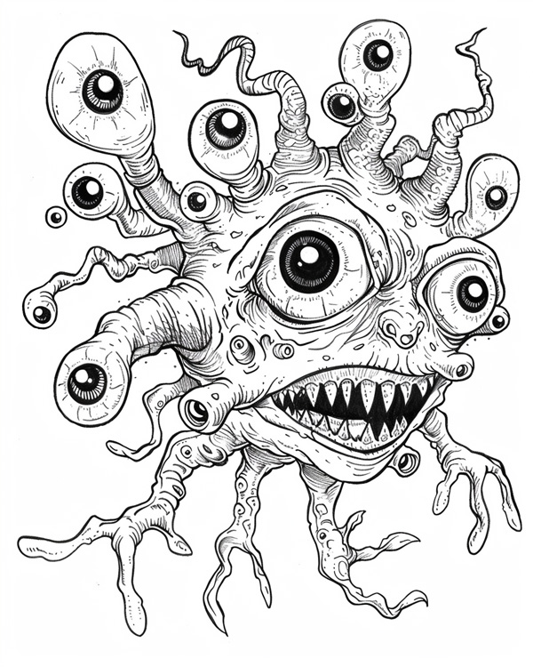 coloring page of a Halloween monsters with many eyes