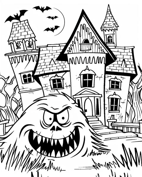 monster and a haunted house coloring page