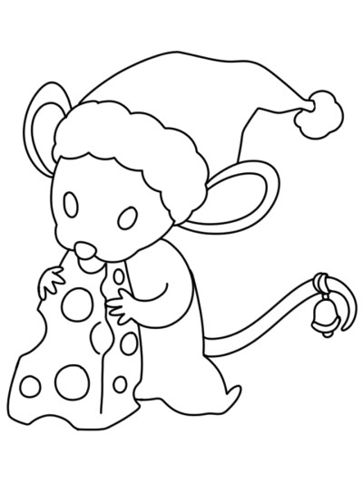 simple coloring page of a Christmas mouse eating cheese